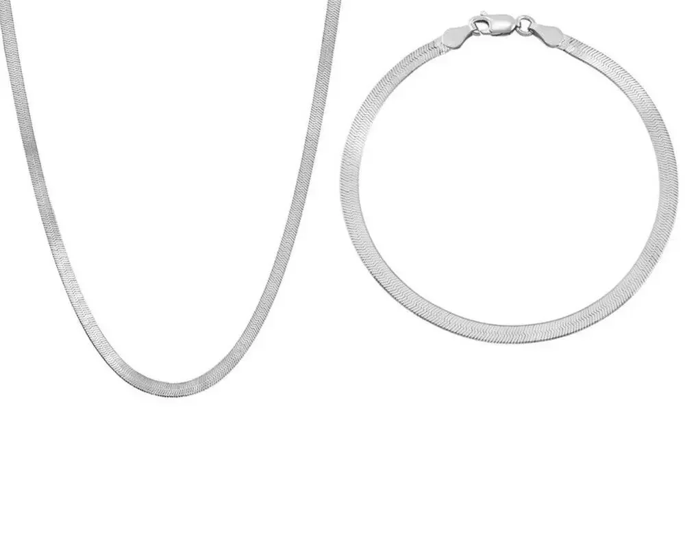 Sterling Silver Herringbone Chain Necklace Bracelet (2 Piece Set) Chic 3.5mm NEW